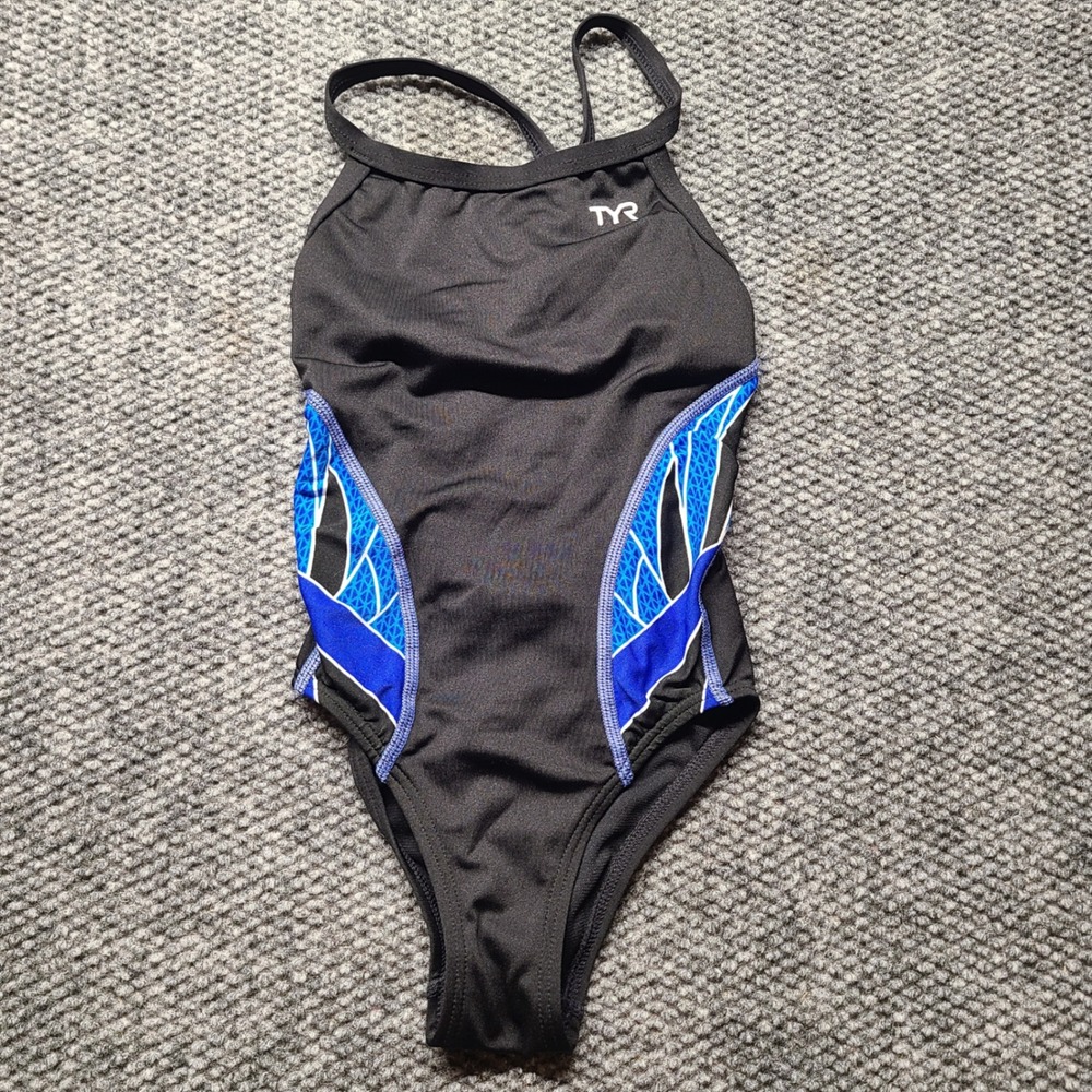 TYR Girls Size 24 One Piece Competitive Swimsuit Black Blue Crossback 2806